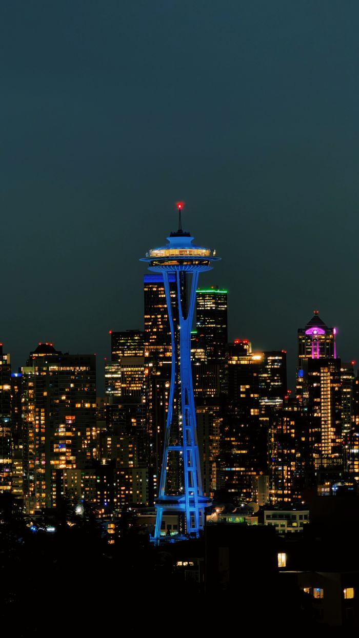 gallery-01 Iconic Seattle skyline featuring the Space Needle illuminated at night.